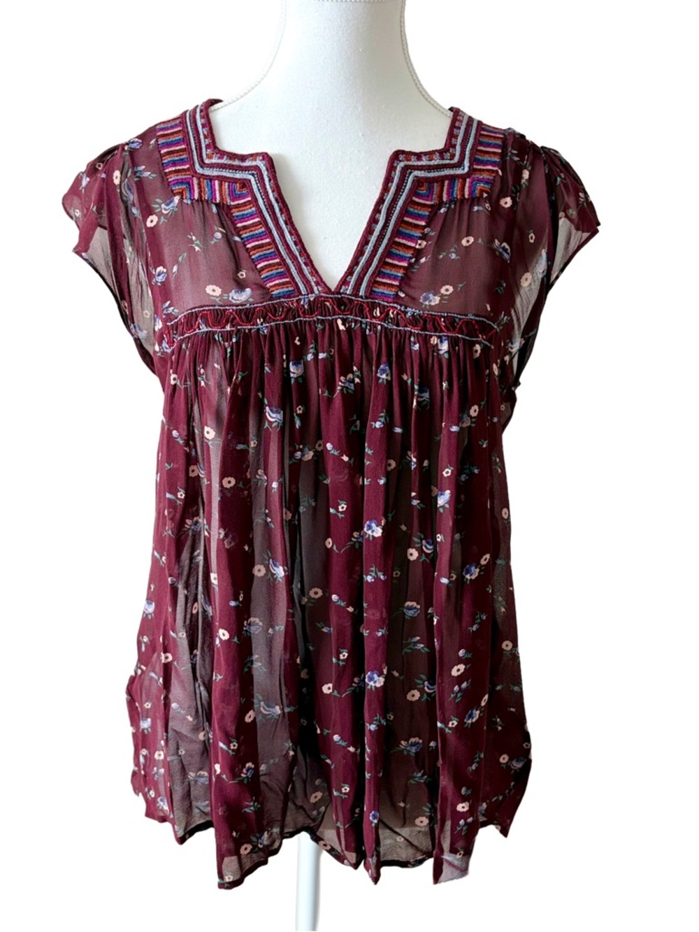Ulla Johnson Silk Burgundy Embroidered Blouse Size 6 Boho Romantic Sheer Top